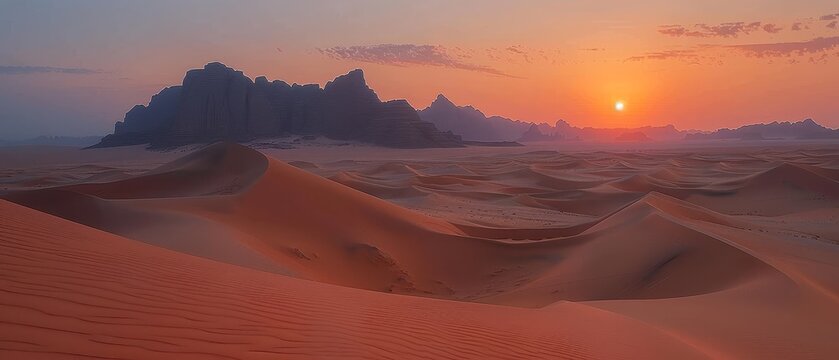   The sun descends on a desert panorama featuring sandy dunes upfront and a distant rock formation