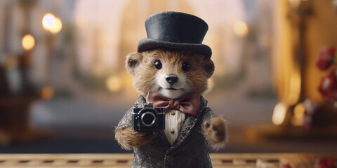 Dapper Animal Photographer Captures Elegance with Vintage Camera: A Whimsical Banner. - obrazy, fototapety, plakaty