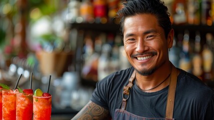   Man facing bar with three drinks, smiling - obrazy, fototapety, plakaty