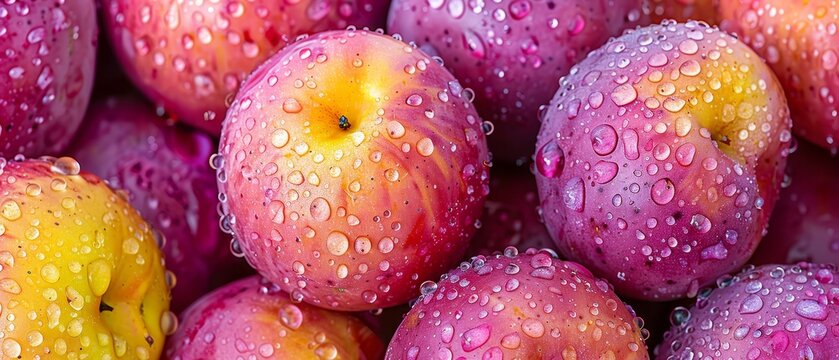   A close-up of several apples with water droplets on top and bottom
