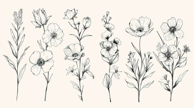Floral set Collection with flowers hand drawn Design for invit  ,Generative ai