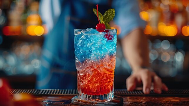   A picture of an alcoholic beverage on a bar with crushed ice and a cherry decoration