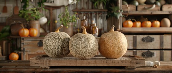   A group of gourds resting on a wooden table, in front of an array of pumpkins