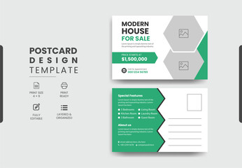 Real Estate Postcard Design Vector Template With Creative Modern Layout, Modern & Elegant Postcard Template Design Home For Sale.