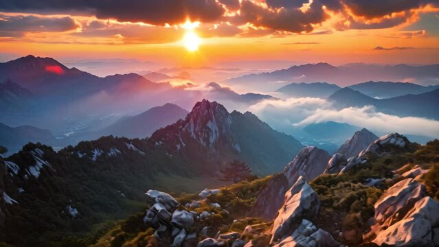 Captivating image showcasing the awe-inspiring beauty of the setting sun casting its warm glow over a magnificent mountain range., Mountain top landscape view with clouds at sunset, AI Generated