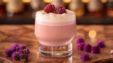 Obraz na płótnie Canvas Close-up of a drink with raspberries on a purple-flowered table and candle backdrop