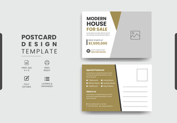Real Estate Postcard Design Vector Template With Creative Modern Layout, Modern & Elegant Postcard Template Design Home For Sale.