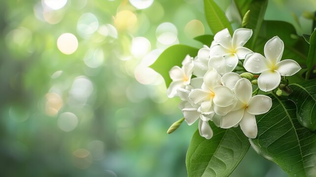 Jasmine flower on leaf green blurred background with copy space and clipping path symbol of Mothers day in thailand  ,Generative ai, 