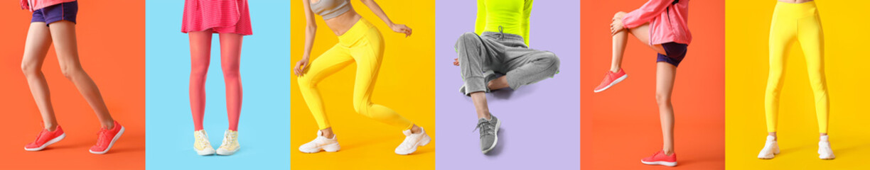 Collage of woman in sporty shoes on color background