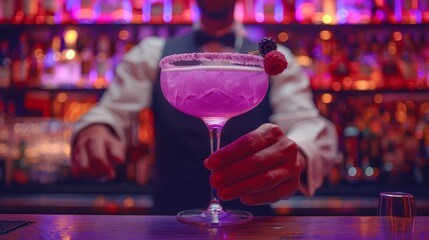   A close-up picture of someone clutching a beverage in front of a pub with a lavender residue on the edge - obrazy, fototapety, plakaty