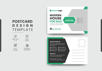 Real Estate Postcard Design Vector Template With Creative Modern Layout, Modern & Elegant Postcard Template Design Home For Sale.
