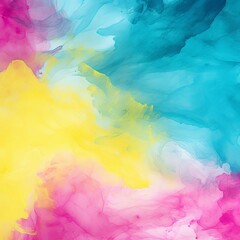 Fototapeta na wymiar Cyan Magenta Yellow abstract watercolor paint background barely noticeable with liquid fluid texture for background, banner with copy space and blank text area