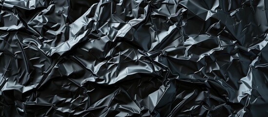 A detailed pattern is visible on a crumpled piece of black plastic wrap, resembling a plants veins. Its texture appears similar to metal, reflecting the freezing temperature of the environment