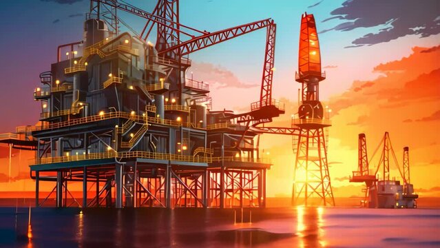 Painting of an Oil Rig in the Vast Ocean, Industrial Machinery Amidst Endless Waves, Oil and gas industry background featuring a platform for the production of petroleum products, AI Generated