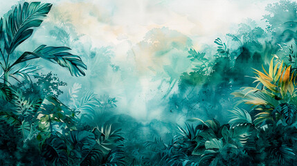 Lush jungle painting with abundant green plants. Abstract forest green watercolor background. - obrazy, fototapety, plakaty