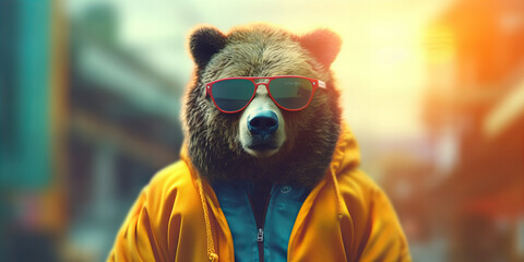 Stylish Urban Bear in Cool Sunglasses Fashion Statement Banner - obrazy, fototapety, plakaty