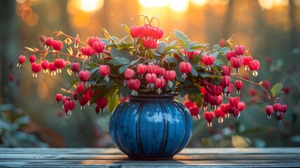   A blue vase with red flowers sits on a wooden table under sunlight near a forest