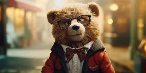 Elegant Teddy Bear with Glasses in Urban Winter Wonderland Adventure Banner - obrazy, fototapety, plakaty