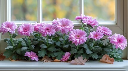 Fototapeta na wymiar Pink flowers on window sill with leaf-filled sills