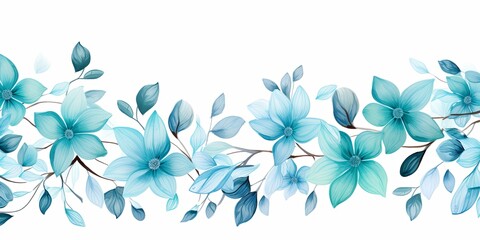 Fototapeta na wymiar Cyan thin barely noticeable flower frame with leaves isolated on white background pattern