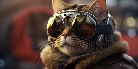 Adventurous Whiskered Aviator: Feline Pilot Goggles and Jacket Banner - obrazy, fototapety, plakaty