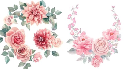 Watercolor love wreath and bouquet of pink roses and dahlia ,Generative ai, 