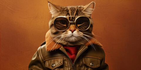 Stylish Whiskered Aviator Cat Goggles and Jacket Portrait Banner - obrazy, fototapety, plakaty