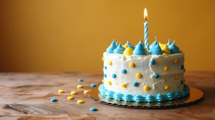  White frosting, blue and yellow sprinkles on a birthday cake with a candle sticking out