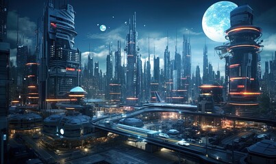 A fantastic nighttime city with two moons burning above it.