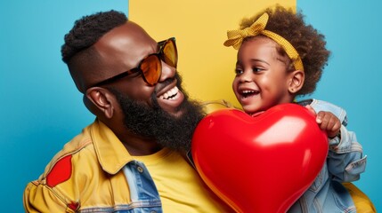 Fashion-forward father and joyful daughter sharing a loving embrace with a red heart balloon on a blue and yellow color-blocked background - obrazy, fototapety, plakaty