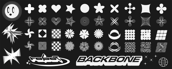 Retro futuristic elements for design. Collection of abstract graphic geometric symbols and objects in y2k style. Templates for pomters, banners, stickers, business cards.