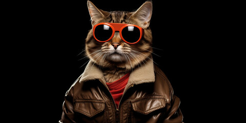 Fashion-Forward Feline Rocks Orange Sunglasses and Leather Jacket Banner