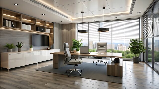 Generative ai. a view of a modern office with a large window and a desk, office furniture