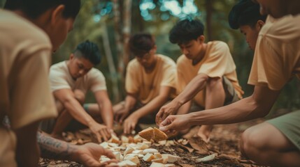 Forest eco-cooking class: Zoomers preparing a meal together, a union of nature and local culinary traditions - obrazy, fototapety, plakaty