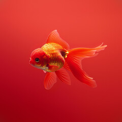 Fototapeta premium Elegant Goldfish in Red: A single goldfish swimming in a striking red backdrop, embodying simplicity and elegance in aquatic design