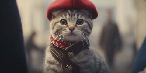 Charming Whiskered FlГўneur in a Beret: A Purrfect Parisian Cat Banner - obrazy, fototapety, plakaty