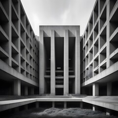 This fascinating photo captures the essence of Brutalist architecture in a city setting. The building's massive concrete form dominates the frame, while the surrounding cityscape provides a sense of s