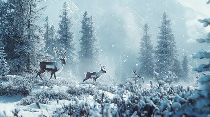 Majestic caribou herds migrating through a pristine snowy wilderness. - obrazy, fototapety, plakaty