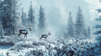 Fotobehang Majestic caribou herds migrating through a pristine snowy wilderness. © Artist