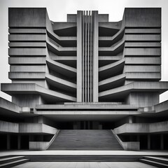 This striking black and white photo showcases the unique beauty of Brutalist architecture. The building's bold, geometric forms and raw concrete materials create a sense of power and monumentality. 