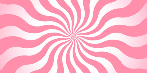 Sweet rotating cartoon Swirl or Whirlpool. Candy Sunburst wallpaper. Abstract cream sunbeams. Pink spinning lines for template, banner, poster, flyer.  Vector background design  - obrazy, fototapety, plakaty