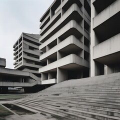 This photo captures a building in the Neo-Brutalist style. The facade of the building is decorated with geometric ornaments that create a play of light and shadow. The building is surrounded by greene