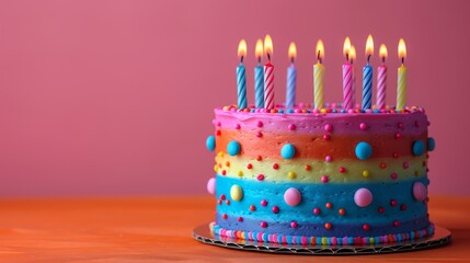   A colorful birthday cake with lit candles on a wooden table against a pink backdrop