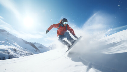 Naklejka na ściany i meble Snowboarder in mid-air against a vivid blue sky, performing a dynamic jump on a snowy mountain