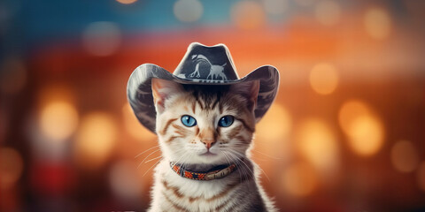 Adventurous Whiskered Cowboy Cat Ready for Sunset Duel Banner - obrazy, fototapety, plakaty