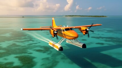 Sea plane in air. Tropical Maldives atoll island. Paradise luxury resort. Close up. - obrazy, fototapety, plakaty