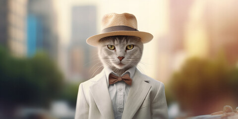 Debonair Feline Gentleman in Suit and Hat: A Classic Urban Banner - obrazy, fototapety, plakaty