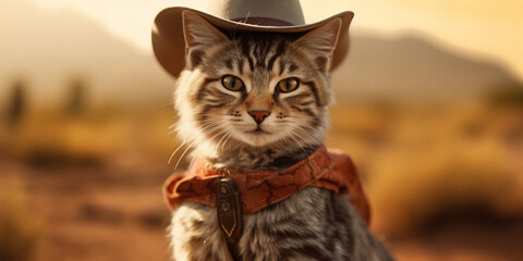 Whiskered Outlaw: The Feline Sheriffs Sunset Standoff Banner - obrazy, fototapety, plakaty