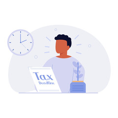 Focused African American man filling taxes, looking at the clock. Tax deadline. Modern business vector illustration.