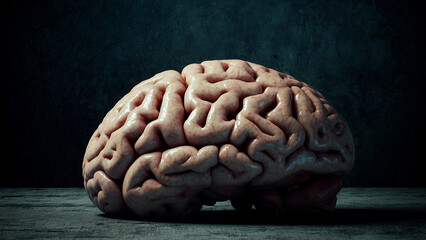 Human brain on wooden table over dark background. 3D Rendering